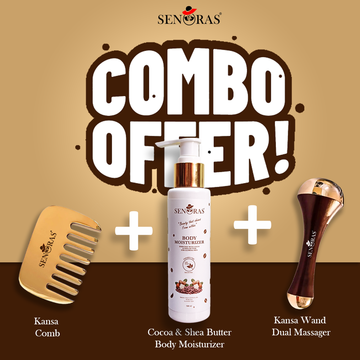 🔥 Senoras Ultimate Self-Care Combo | Kansa Hair Comb + Dual Face Wand + Cocoa Shea Body Moisturizer | Ayurvedic Glow Trio for Hair, Skin & Body