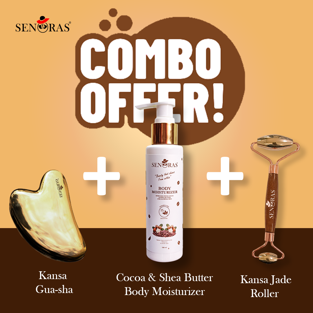 🌟 Senoras Ayurvedic Glow Combo | Kansa Roller + Bronze Gua Sha + Cocoa Shea Moisturizer | 3-in-1 Skincare Ritual for Radiant & Nourished Skin