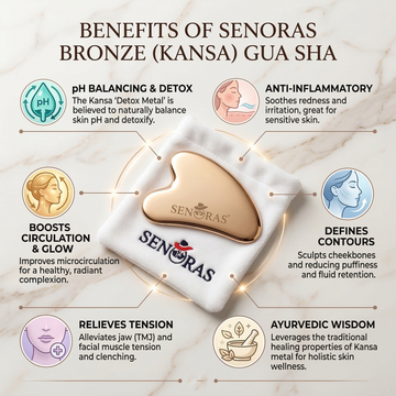 Senoras Bronze Kansa Gua Sha on natural linen with dried botanicals – Ayurvedic beauty ritual tool