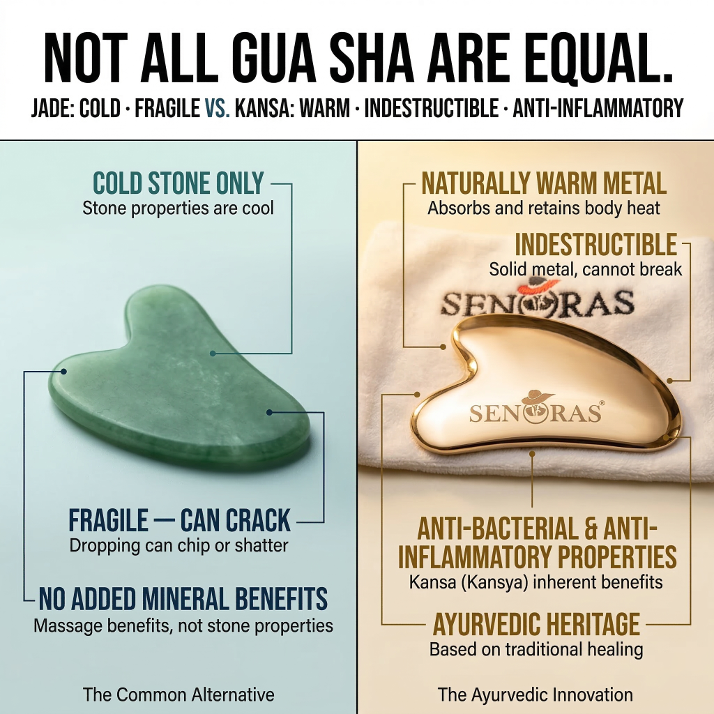 Senoras Bronze Kansa Gua Sha on natural linen with dried botanicals – Ayurvedic beauty ritual tool