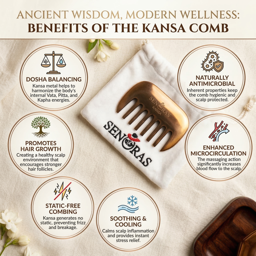 Senoras Bronze Kansa Comb on natural linen with dried botanicals – authentic Ayurvedic hair care tool