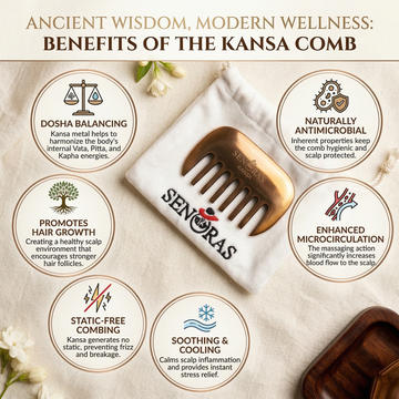 Senoras Bronze Kansa Comb on natural linen with dried botanicals – authentic Ayurvedic hair care tool