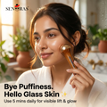 Woman using Senoras Bronze Kansa Wand in circular facial massage motion for glowing skin – Ayurvedic beauty tool