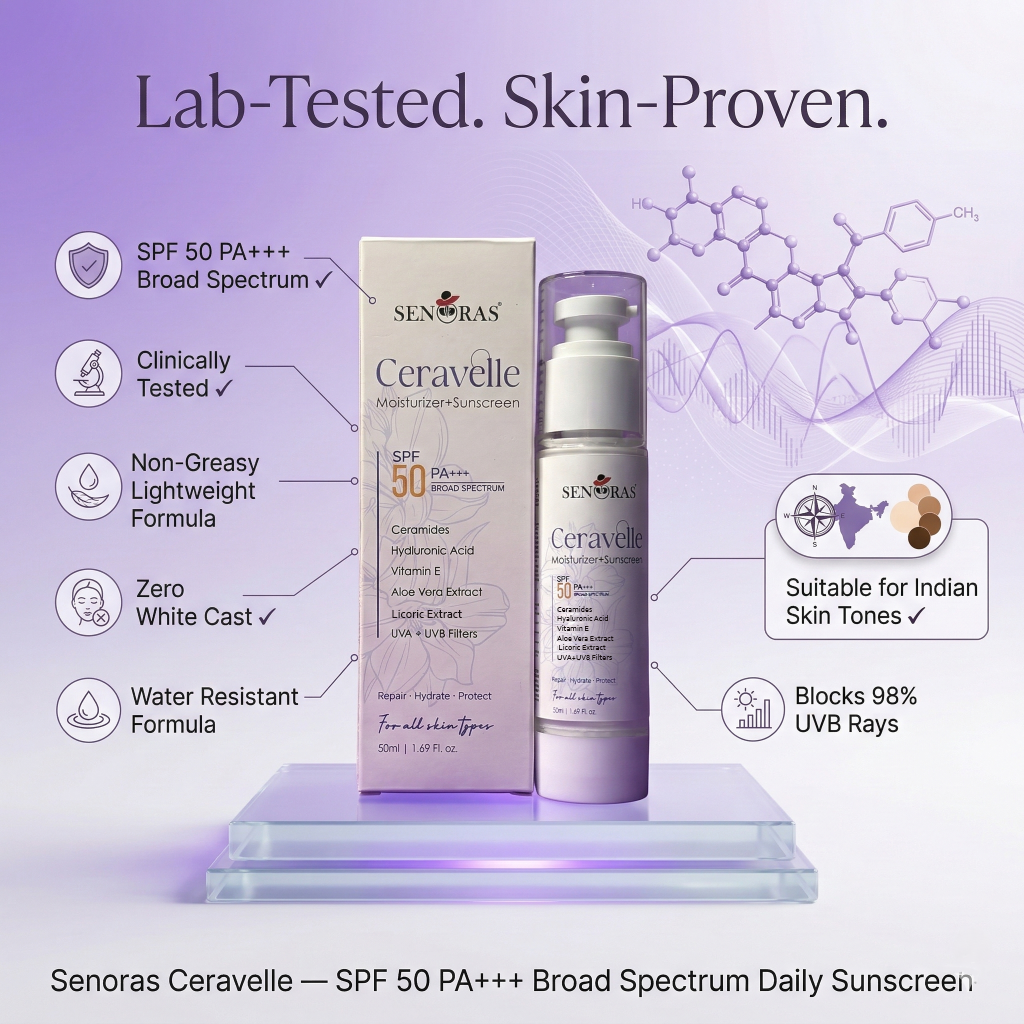 Senoras Ceravelle SPF 50 with box – Best 2-in-1 
sunscreen moisturiser India – Ceramides formula
