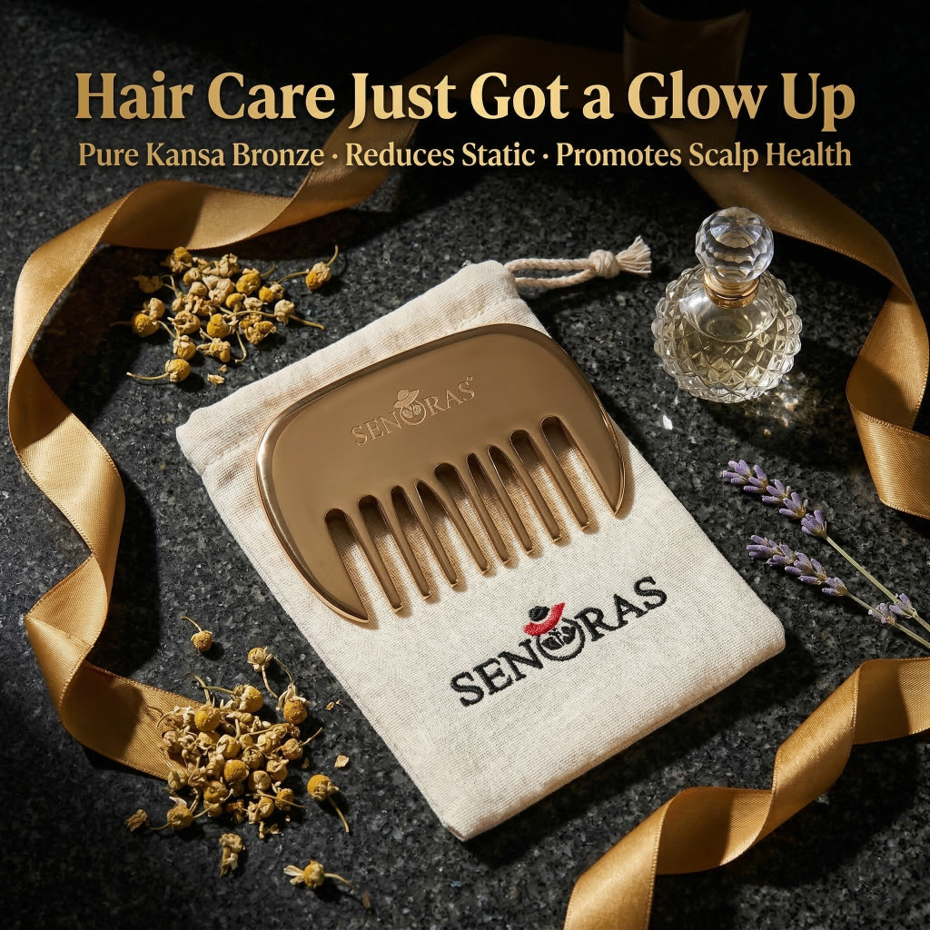 Senoras Bronze Kansa Comb on natural linen with dried botanicals – authentic Ayurvedic hair care tool