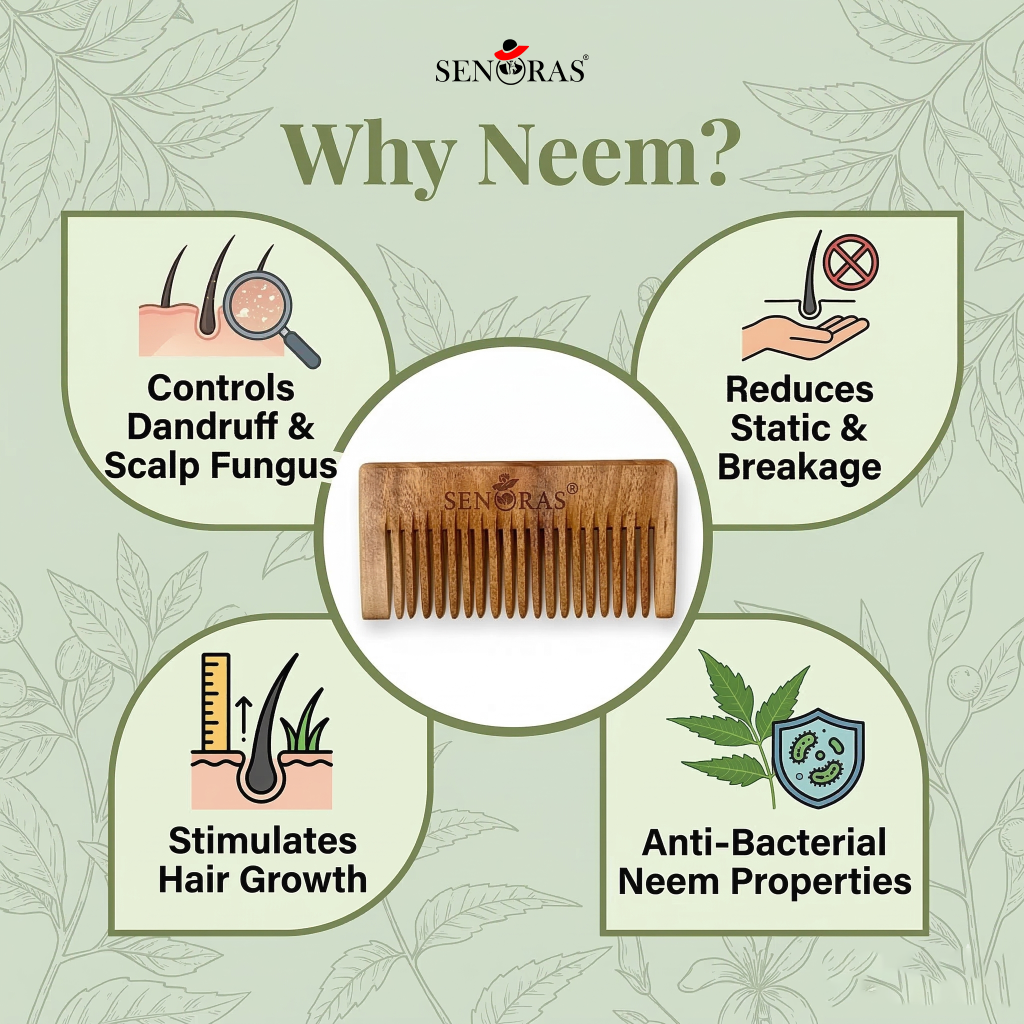 Woman combing hair with Senoras Neem Comb showing smooth gliding neem wood teeth – natural anti-frizz hair comb