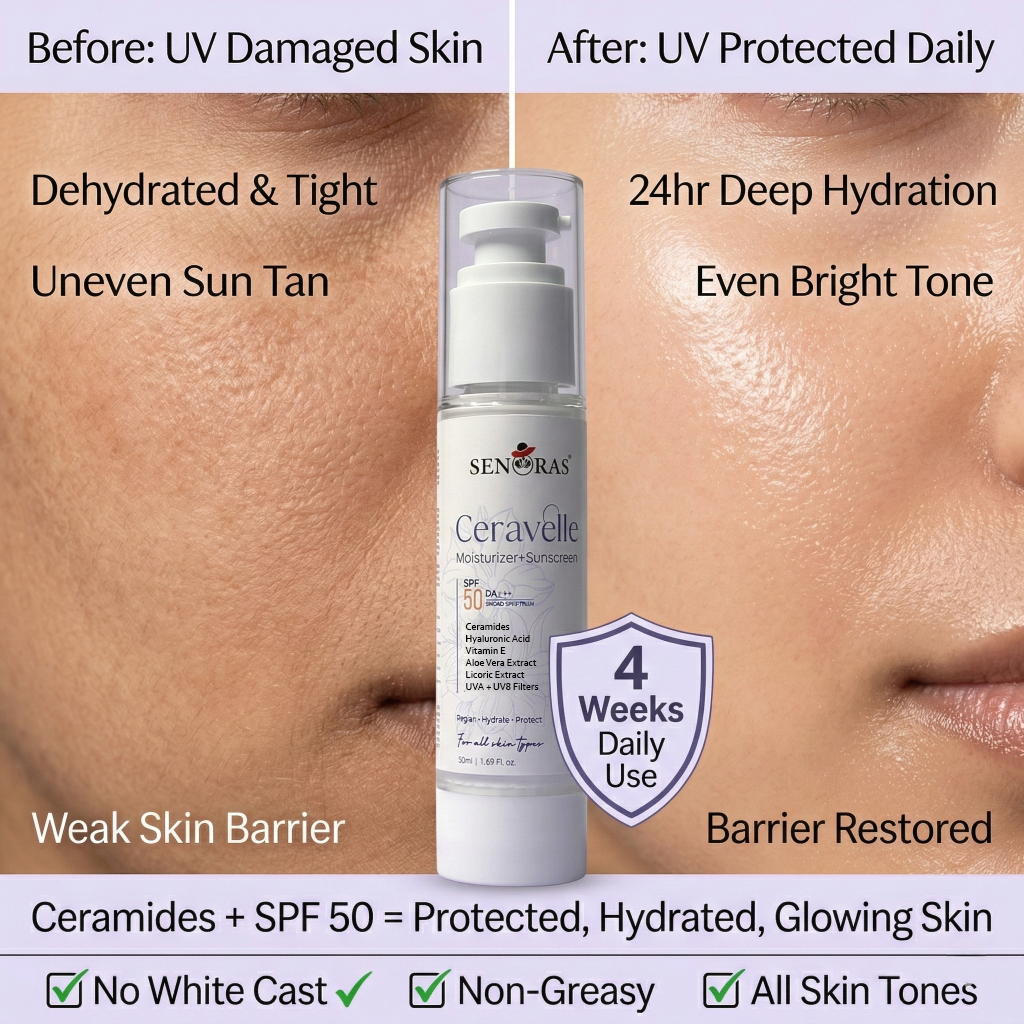 Ceravelle broad spectrum sunscreen India – Ceramides 
Hyaluronic Acid Aloe Vera – Senoras skincare