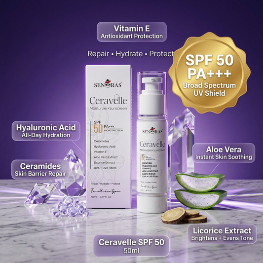 Ceravelle broad spectrum sunscreen India – Ceramides 
Hyaluronic Acid Aloe Vera – Senoras skincare