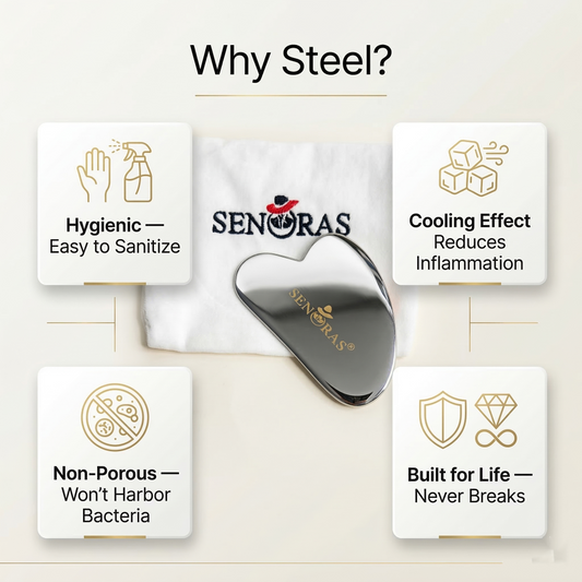 Senoras Stainless Steel Gua Sha | Face Sculpting & Lymphatic Drainage Tool | De-Puff & Contour | Ayurvedic Skincare | Ships Worldwide