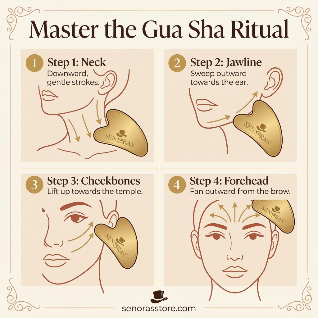 Woman using Senoras Bronze Kansa Gua Sha for facial contouring and lymphatic drainage – Ayurvedic skincare tool