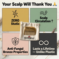 Senoras Bronze Kansa Comb on natural linen with dried botanicals – authentic Ayurvedic hair care tool