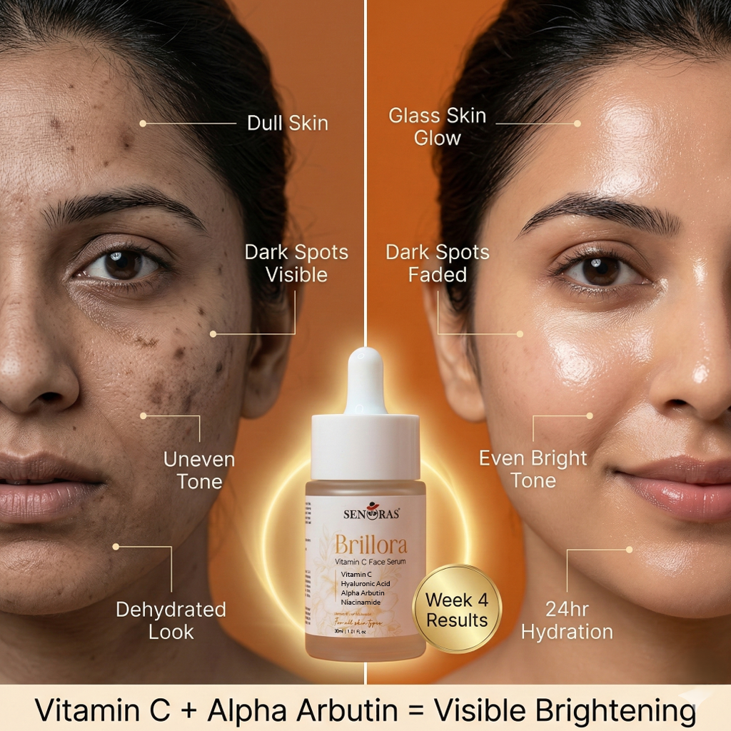Brillora Vitamin C Face Serum by Senoras India – 
Dark Spot Removal – Alpha Arbutin – 30ml