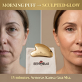 Woman using Senoras Bronze Kansa Gua Sha for facial contouring and lymphatic drainage – Ayurvedic skincare tool