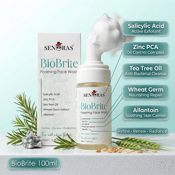 BioBrite Foaming Face Wash by Senoras India – 
Salicylic Acid + Tea Tree Oil – Acne Control – 100ml