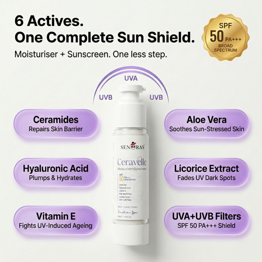 Ceravelle SPF 50 PA+++ Moisturiser and Sunscreen 
by Senoras India – No White Cast – 50ml pump bottle