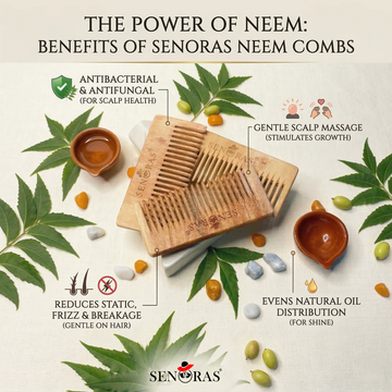 Senoras Neem Comb on fresh neem leaves – eco-friendly plastic-free natural hair care tool