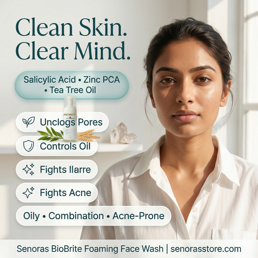 BioBrite face wash ingredients – Salicylic Acid, 
Zinc PCA, Tea Tree Oil – Senoras India
