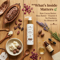 Senoras Cocoa & Shea Butter Moisturizer jar with raw cocoa beans and shea nuts on wooden surface – senorasstore.com