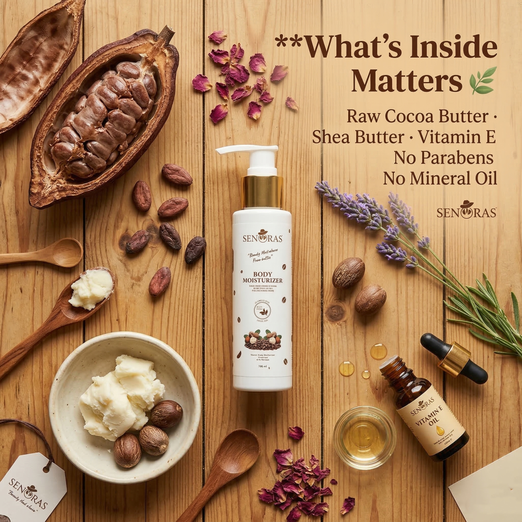 Senoras Cocoa & Shea Butter Moisturizer jar with raw cocoa beans and shea nuts on wooden surface – senorasstore.com