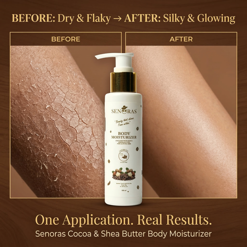 Woman applying Senoras Cocoa & Shea Butter Moisturizer to smooth glowing skin – natural nourishing body cream