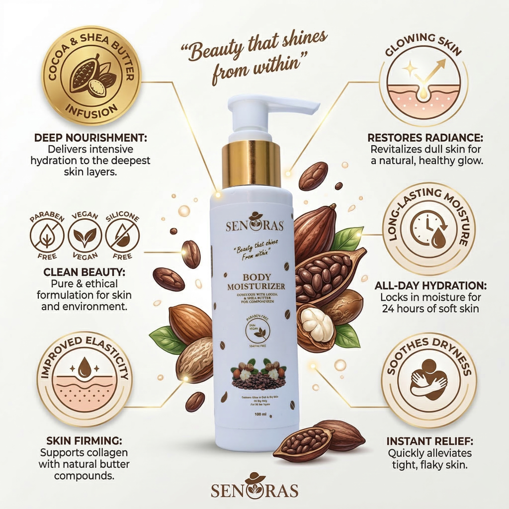 Senoras Cocoa & Shea Butter Moisturizer jar with raw cocoa beans and shea nuts on wooden surface – senorasstore.com