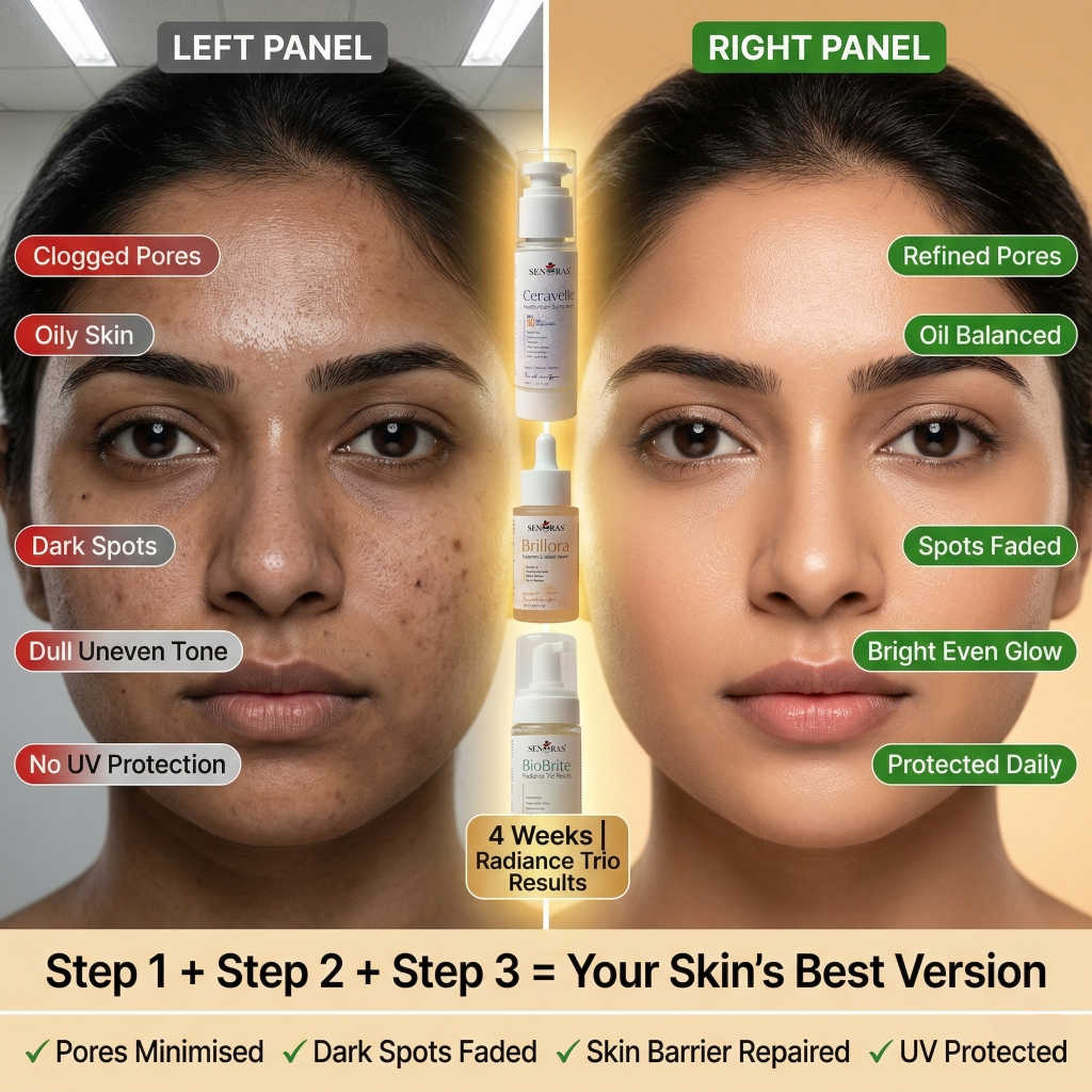 Senoras 3 step skincare routine kit — Cleanse Treat 
Protect — international skincare gift set