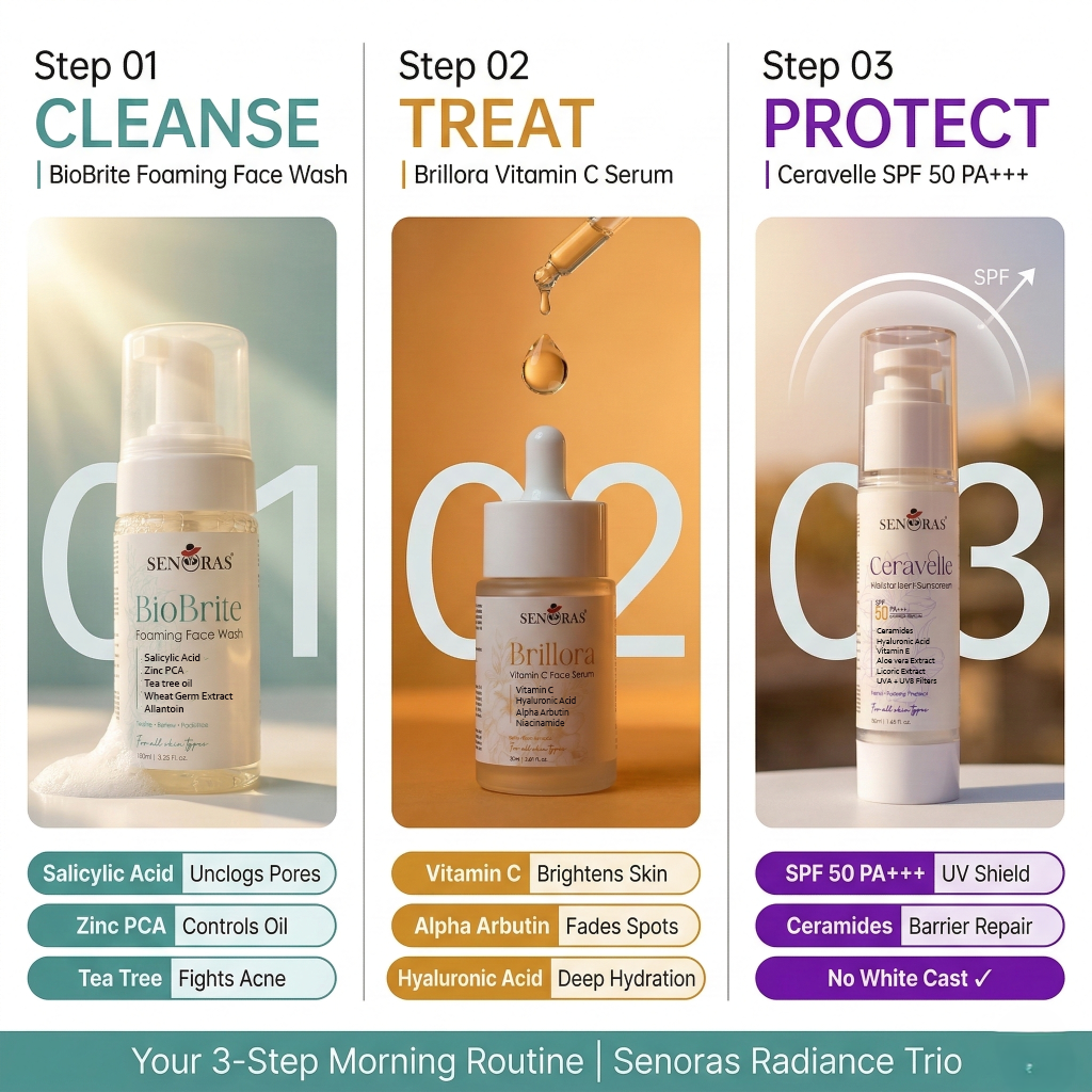 Senoras 3 step skincare routine kit — Cleanse Treat 
Protect — international skincare gift set