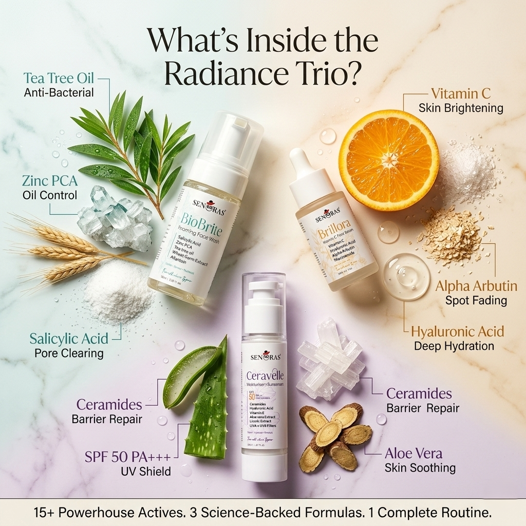 Senoras 3 step skincare routine kit — Cleanse Treat 
Protect — international skincare gift set