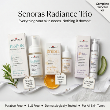 Senoras Radiance Trio 3-in-1 Glow Kit — BioBrite 
Foaming Face Wash + Brillora Vitamin C Serum + 
Ceravelle SPF 50 — Complete skincare set