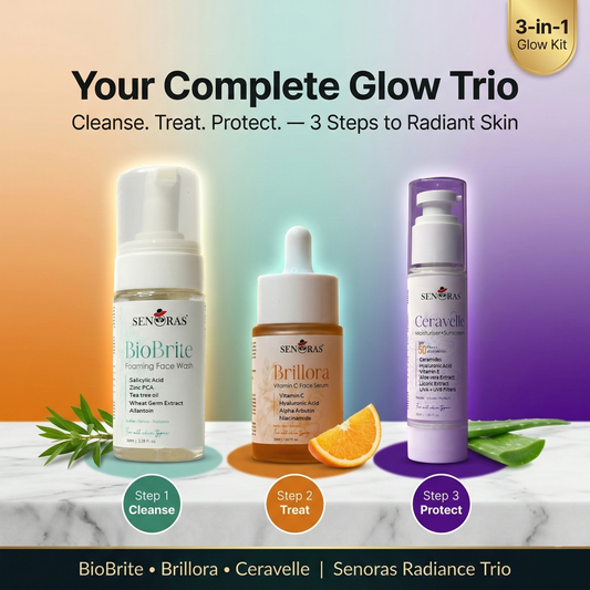 Senoras Radiance Trio 3-in-1 Glow Kit — BioBrite 
Foaming Face Wash + Brillora Vitamin C Serum + 
Ceravelle SPF 50 — Complete skincare set
